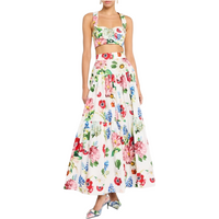 2025 Luxury Designer Inspired Women Floral Print Cotton 2piece Set Summer Bustier Crop Top&Tiered Maxi Skirt White High Quality