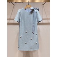 Elegant Socialite High-End A-line Dresses 2024 Summer New French Temperament Bow Tie Beaded Short Sleeve Loose Slim Mini Dress