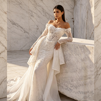Robe de mariée sirène élégante à épaules dénudées, manches longues, dentelle florale 3D, traîne détachable, pour plage en extérieur, personnalisable