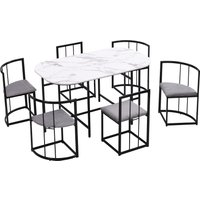 Modern Dining Table Combination, Six-Chair Dining Table Set ,Dining Room Table and Chair Set, White Table Gray Chairs PINGGO