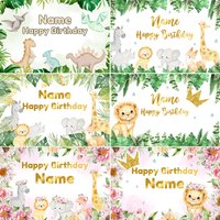 Custom Name Birthday Photo Backdrop Banner – Jungle Safari Animals Watercolor Background Party Decoration