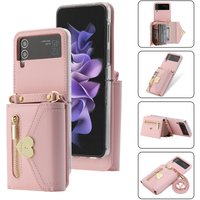 Étui de téléphone portefeuille à bandoulière pour Samsung Galaxy Z Flip5 ZFlip4 Z Flip 3 5G, porte-cartes d'amour, sac à main, lanière, sangle, housse en cuir