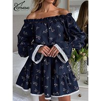 Oymimi Elegant Navy Blue Print Women's Dress Fashion Lace Long Sleeve Strapless Dresses Casual High Waisted Pleated Mini Dresses