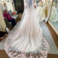 Baby Pink Floral 3 D Flowers Bridal Wedding Veils Cathedral Long Short Ivory White Tulle With Comb For Brides Pearls Beaded New