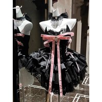 Summer Gothic Lace Bow Dresses Women Black Pink Sweet Dark Style Strapless Corset Ruffle Dress Party Birthday Princess Outfits