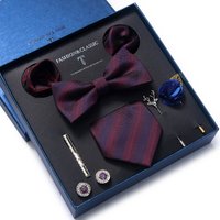 Top Grade Luxury Gift Box Red Striped Tie Pocket Squares Cufflinks Brooch Set For Man Suit Accessories Fit Formal Party