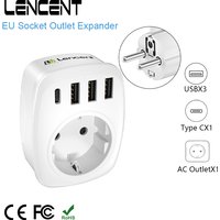 LENCENT EU Plug Outlet Expander Wall USB Charger with 1 AC Outlet 3 USB Ports and 1 Type C Travel Adapter 4000W for Travel Home