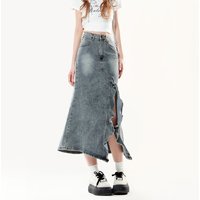 Women's American Vintage Denim Midi Skirt 2026 Summer New Washed Irregular Ruffle Split High Waist Casual Streetwear Long Skirt