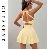 Women Naked Feel Yoga Tennis Dress With Pockets Quick Dry Breathable Anti-Exposure Running Fitness Sports Dress