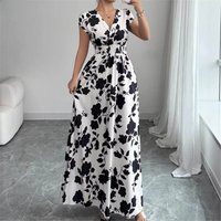 Spicy Girl Short Sleeve Printed Neck Dress Waist Cinching Summer Women's Fashion European Style Midi Dress Casual Single Piece