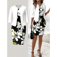 Points of Autumn & Winter Black-White-Green Floral Print Commuter Dress Set