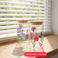 Custom Flowers Glass Cups with Bamboo Lids and Straws 16 oz Reusable Iced Coffee Cup Beer Can Drinking Jars for Smoothie Whiskey