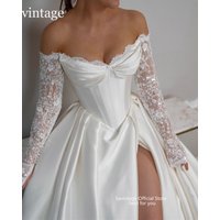 Sevintage Exquisite Sweetheart Satin Wedding Dress Photo Shoot Sparkly Lace Sleeve Bridal GownLong Slit Wedding Robe Customized