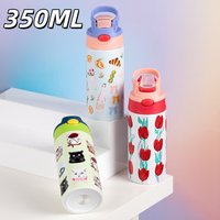 350ml Cartoon Stainless Steel Water Bottle With Handle Outdoor Portable Handheld Cup Tulip Kitten And Picnic Pattern Straw Cups