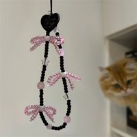 Korean Y2K Cute Black Heart Pink Bow Beaded Phone Chain Charm Lanyard For iPhone Samsung Universal Accessories Jewelry Pendant