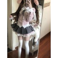 Pink School Uniform Style Sweet Girl Spring Autumn Outfit High Waist Pleated Grey Skirt And Shirt Two Piece Set Kno...