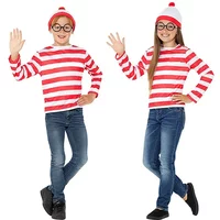 Wheres Waldo Striped Shirt Youth Kids Boys Wally Costume Shirt Glasses and Hat Socks Unisex Adults Carnival Cosplay Costume