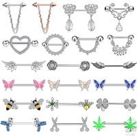 2pcs Butterfly Nipple Piercings Rings 16mm Length Bar Barbell Steel Crystal Nipple Shield Cover Heart Flower Tongue Body Jewelry