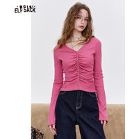 ELFSACK Women's V Neck Long Sleeve Tee with Ruched Front, Black Button Crop Top, Slim Casual Fall Top