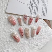 10pcs pure handmade coffin shaped nail art, beautiful fake nails, pink and white gradient heart, suitable for women to use