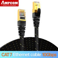 AMPCOM CAT7 Ethernet Cable (10G 600MHz), Shielded Flat RJ45 Network Patch Cord, 50u Gold Plated Lead, Polyester Braided