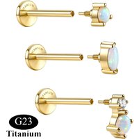 Florideco 3Pcs G23 Titanium Flat Back Earrings Studs 14K Gold Plated Opal Cartilage Helix Piercing Jewelry for Women Men 18G
