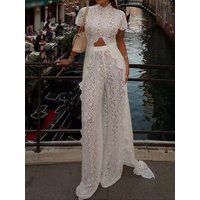 Fashion O-neck Irregular Tops & Long Pant Suit Elegant Lace Embroidery Solid Party Outfits Casual Short Sleeved Hollow 2Pc Sets