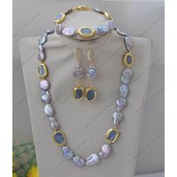 Z13617 Set 19" Gray Coin Pearl Blue Kyanites Necklace Bracelet Earring Custom Jewelry