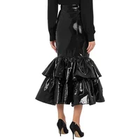Plus Size High Street Women Ruffled Pleated Midi Skirt High Waist Glossy PVC Leather Chic Lady Long Skirts Female Slim Fit Skirt