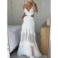 New Solid V Neck Sexy Home Suspender Sleeveless Long Dress Lace Cut Backless See Through Hole Dress