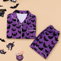 Women's Purple Halloween Themed Pajama with Bat Print Long-sleeved Pants Spring Autumn Home Wear Set