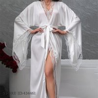 Sexy Bride Wedding Long Robe Dress Nightgown White Ice Silk Kimono Bathrobe Gown Elegant Lace Women's Sleepwear Loose Homewear