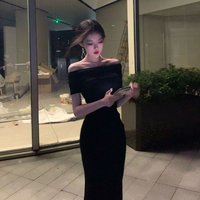Elegant Black One-Shoulder Bodycon Dress Sexy High Waist Knitted Polyester Fitted Slimming Long Skirt for Women Spring 2025