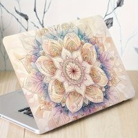 2 Scratch Resistant Vinyl Laptop Stickers - Floral Mandala Decoration in Soft Pink, Light Blue and Orange Patterns, Semi-Glossy,