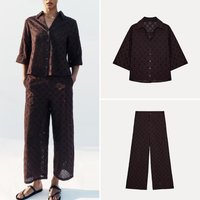 Spring 2026 Women's Fashion Shirt And Embroidered Hollow out Wide Leg Pants Two Piece Set Long Pants Casual Office Wear
