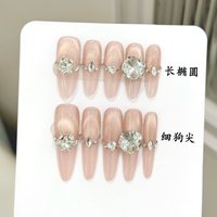 10pcs Handmade Champagne Flash Anti-French Press on Nails Cat's Eye Fake Nails Luxury Wearable Long False Nails K9 Diamond Decor