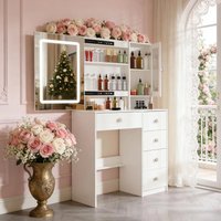 Teousev Modern Dressing Table Makeup Vanity Desk with Large LED Sliding Mirror, 5 Drawers & Dimmable Touch-Sensitive Control