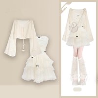 Women Summer Sweet Sunscreen Shirts Lace Ball Mini Strapless Dress 1 or 2 Piece Set Lady Graceful Bowknot Dresses Tops Outfits