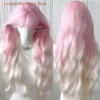Long Wavy Pink Ombre White Synthetic Wigs with Bangs Long Curly Hair Lolita Wig for Women Daily Cosplay Halloween Costume Wig