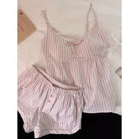Summer Sweet Striped Women's Sleepwear Set with Chest Pad Home Clothes V-neck Short Sleeve Comfortable Cotton Polyester