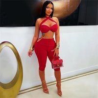 Doyerl Solid Two Piece Set Woman Summer Outfits Sexy Rave Club Party Halter Draped Bra Top and Knee Length Pants Matching Sets
