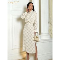 Clacive Fashion Loose Print Women'S Dress 2024 Casual Lapel Long Sleeve Midi Dresses Elegant Classic Lace-Up Slit Female Dress