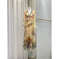 Vintage colored floral graffiti printed silk evening dress women's chic V-neck waist cinched pleated long sleeved dress