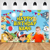 Custom Name Party Pokemon Backdrop Decoration Pikachu Theme Birthday Background for Kids Boy Baby Shower Anime Banner Poster