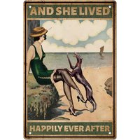SUPERDANT Beach Girl Tin Sign with Dog Vintage Metal Tin Signs She Lived Happily Ever After Funny Wall Art Painting Metal Dec