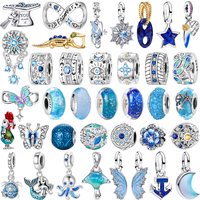 New 925 Sterling Silver Blue Butterfly Star Moon Safety Buckle Glass Bead Pendant for Women DIY Bracelet Necklace Jewelry Gift