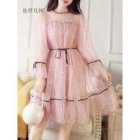 2025 New Sweet First Love Pink Women Dresses Mesh Dress Preppy Style Long Sleeve Bandage Dress Female