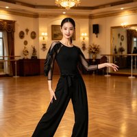 Women O Neck Tulle Sleeve Latin Dance Top Sexy Ballroom Modern Competition Practice Performance Costume Line Dance Top Dancewear