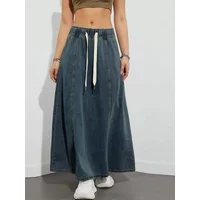 Harajuku Denim Skirt y2k Aesthetic Elastic Drawstring High Waist A Line Flare Jean Skirt Ladies Vintage Skirts Streetwear