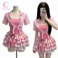 Y2K Kawaii Harajuku Sweet Polka Dot Gingham Bow Tiered Cartoon Print 3Pcs Set Women Crop Top Cami Cake Skirt Outfit Party Wear